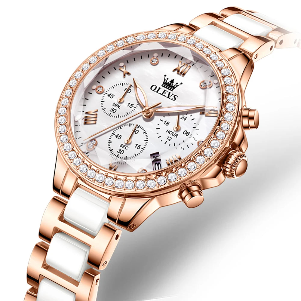 OLEVS Women's Ceramic 35mm Quartz Chronograph Watch - Waterproof Luminous Date Elegant Dress Wristwatch