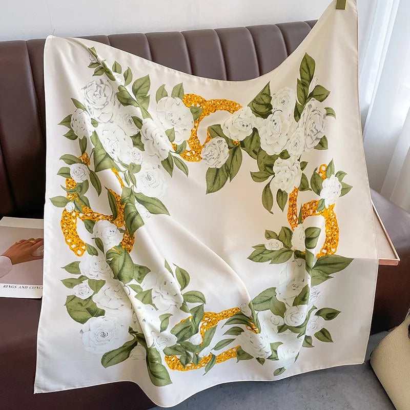 90 x 90 cm (35 x 35 in) Twill Silk-Feel Square Scarf – Women’s Luxury Tree Print Head Scarf, Shawl, Hijab, Bandana