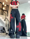 Women's High-Waist Ripped Wide-Leg Straight Jeans Punk Rock Distressed Denim