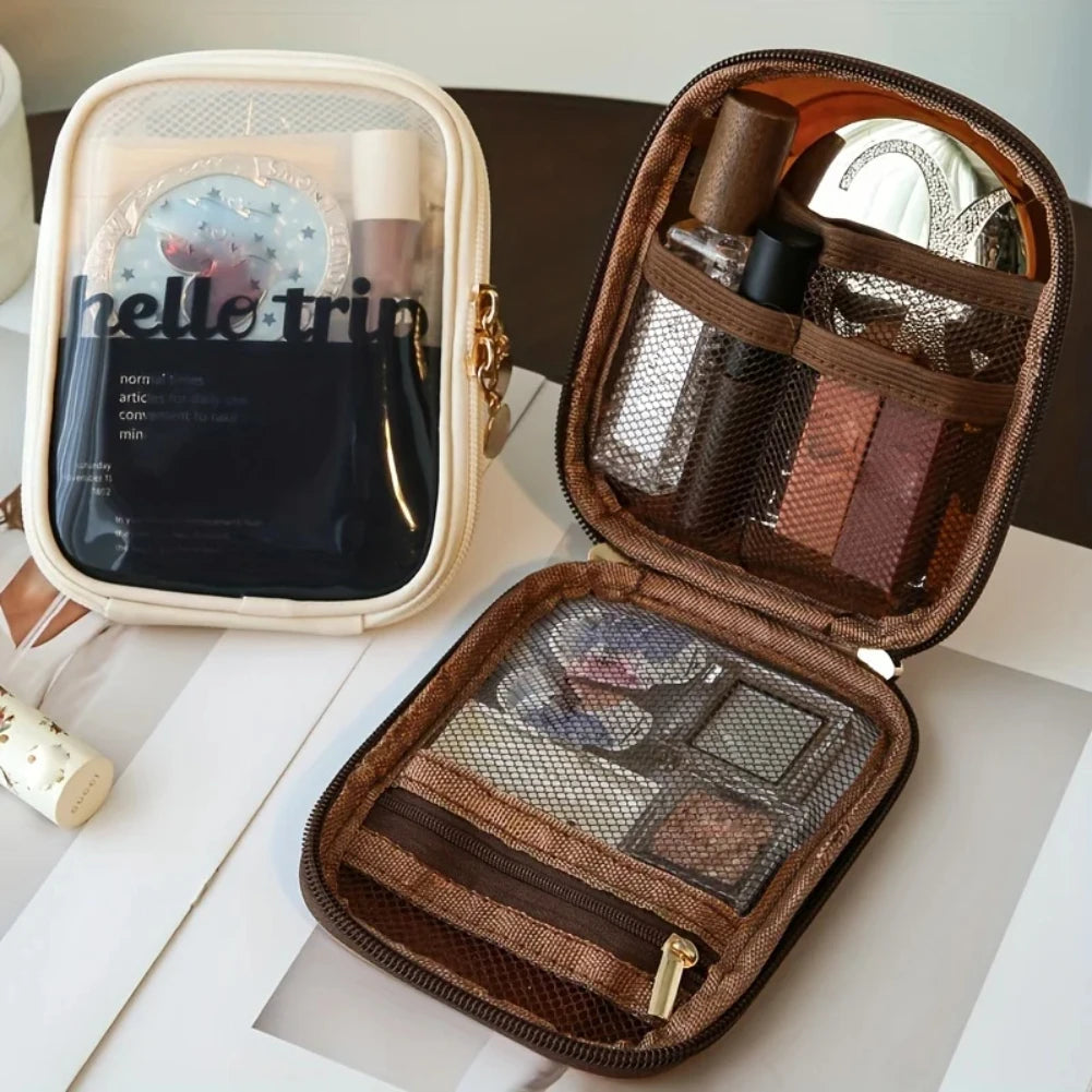Clear Travel Cosmetic Bag - Waterproof PVC Makeup Pouch with Mesh Divider, Portable Clutch for Lipstick & Toiletries