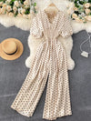 Women's Summer Polka Dot V-Neck Jumpsuit Korean Retro Puff Sleeve Belted Wide-Leg