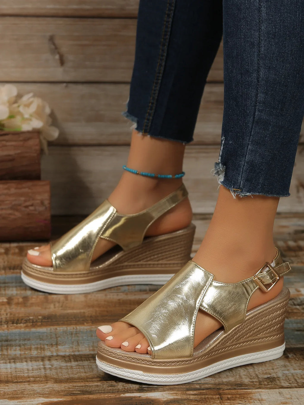 Women's Patent Leather Peep Toe Wedge Sandals – Buckle Strap Platform Heels (Gold, Silver, Black)