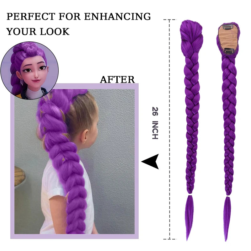 Clip-In Braided Purple Ponytail 26in (66cm) Synthetic Hair Extension for Kids Girls Costume Halloween & Christmas