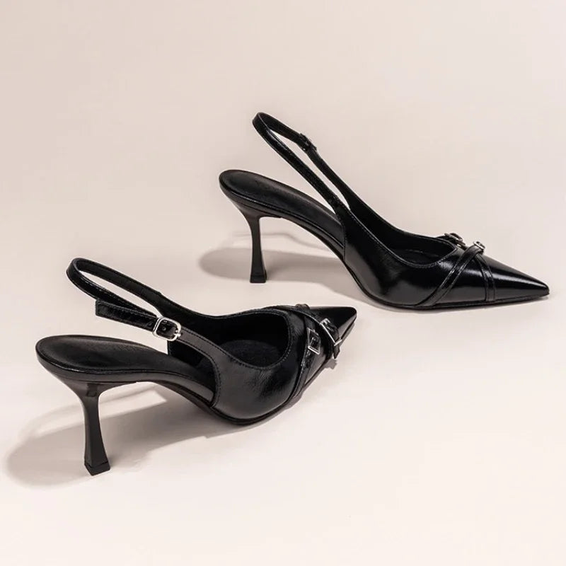 Women's Black Pointed-Toe Stiletto High Heels with Buckle - Elegant Summer Party Pumps