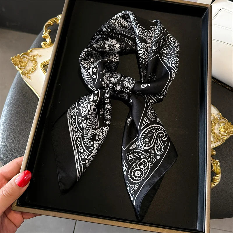 Luxury Square Silk-Feel Scarf 70 x 70 cm (27.6 x 27.6 in) Korean Fashion Floral Bandana Kerchief Wrap