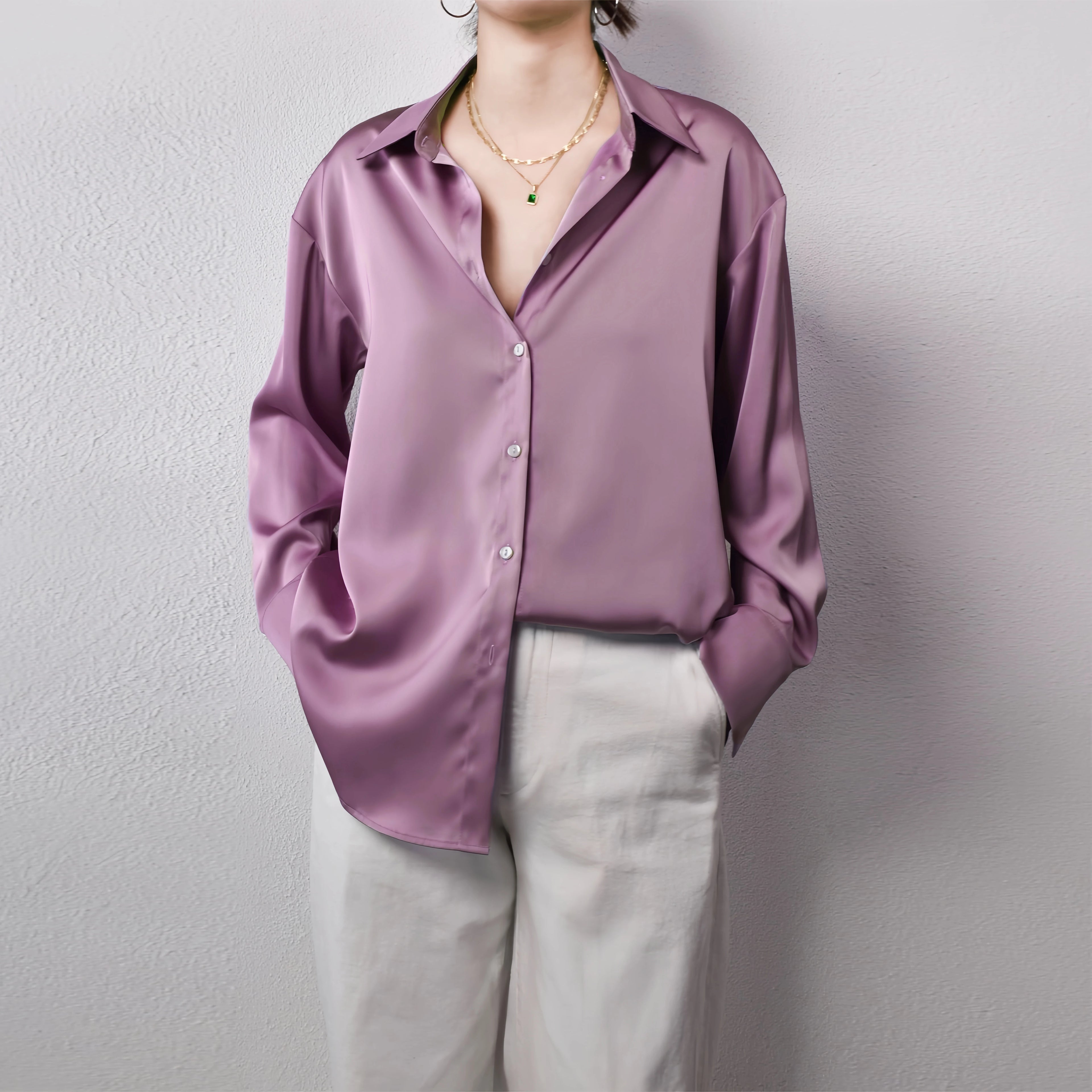Korean Slim Satin Blouse for Women, Office Casual Long Button Shirt Solid Multicolor