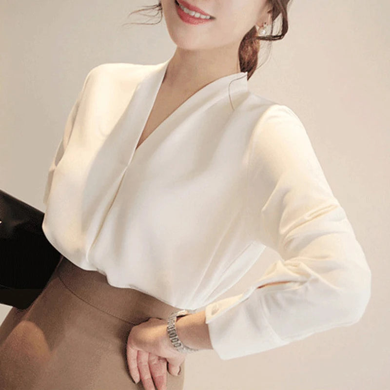 Korean Solid V-Neck Chiffon Blouse — Elegant Long Sleeve Loose-Fit Women's Commuter Shirt
