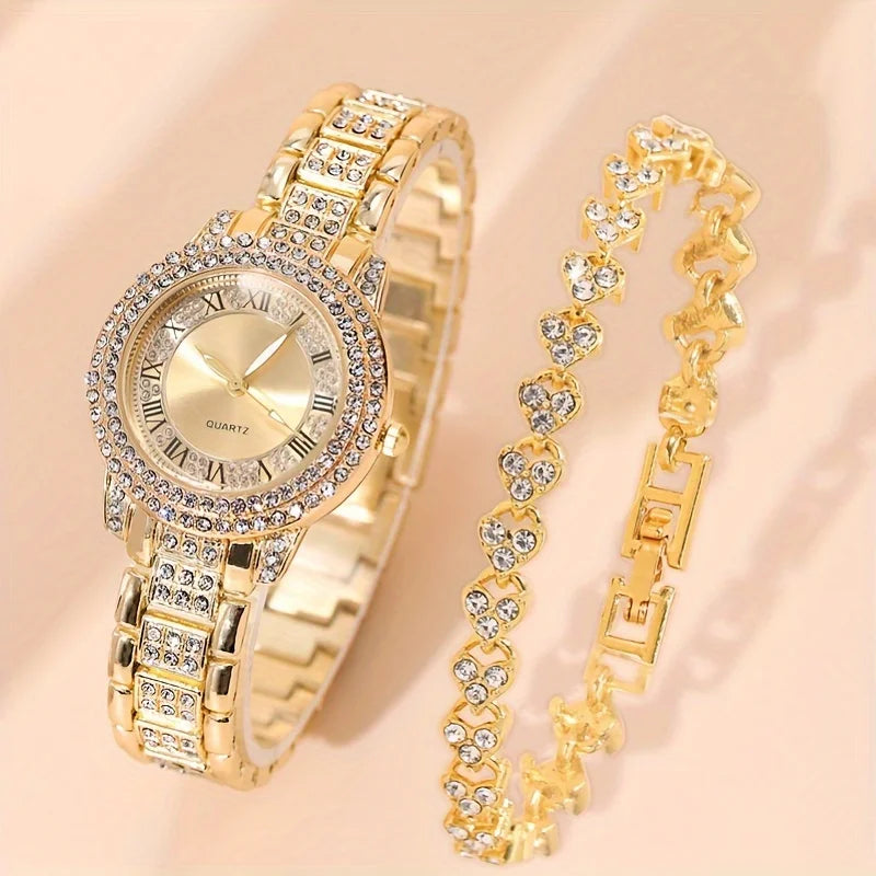 Women's Gold-Tone Rhinestone Quartz Dress Watch Alloy Bracelet Wristwatch