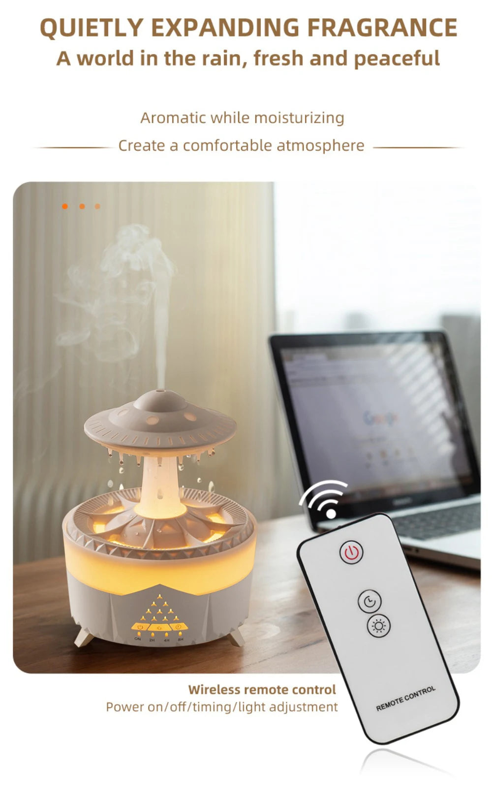Remote-Controlled Aroma Diffuser Humidifier with RGB Night Light – UFO, Raindrop & Christmas Tree Designs for Home & Office