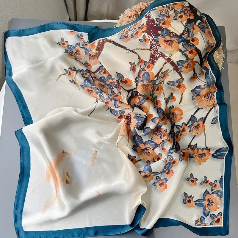 70 x 70 cm (27.6 x 27.6 in) Floral Satin-Look Polyester Square Scarf - Women's Headscarf, Hijab, Hair Band & Wrist Wrap