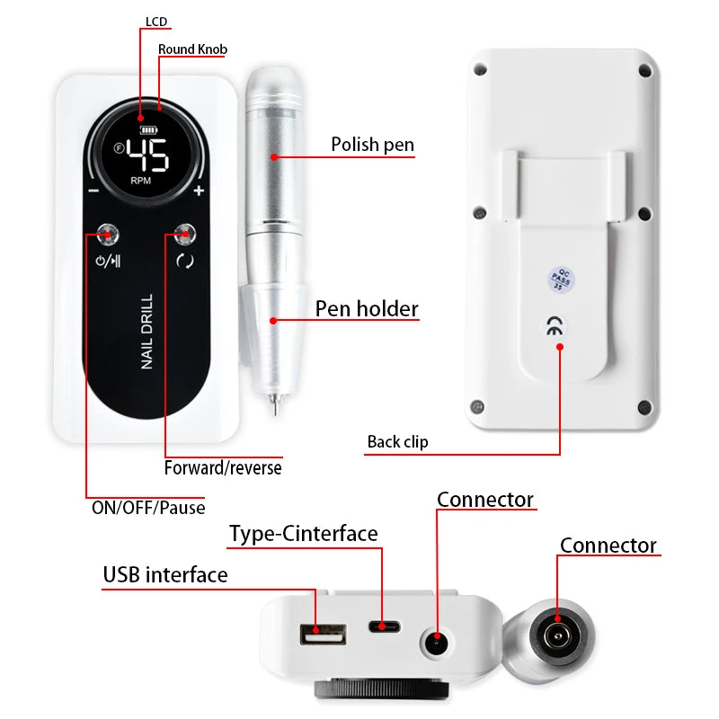 45000 RPM Rechargeable Electric Nail Drill Kit — Portable Nail File with LCD, 2600mAh Battery, 6 Bits & 6 Sanding Bands