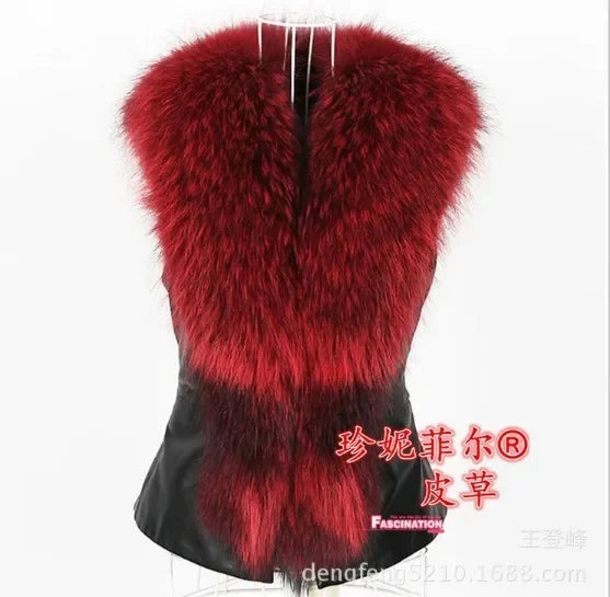 Women's Faux Leather Sleeveless Vest with Faux Raccoon Fur Collar, Oversized Stitch Detail – Autumn Winter Streetwear Coat