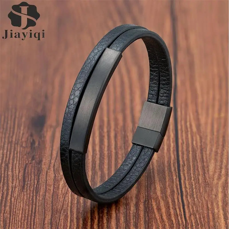 Men's Black Genuine Leather Double-Layer Braided Bracelet with Stainless Steel Accent – Sizes 18.5/20.5/22 cm (7.3/8.1/8.7 in)