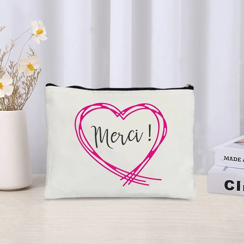 Thank You Makeup Bag Cosmetic Pouch - Merci Teacher Gift Travel Zipper Canvas Pouch (22 x 14 cm / 8.7 x 5.5 in)