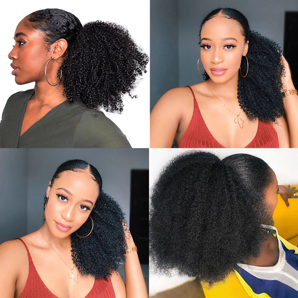 Alibele Afro Kinky Curly Clip-In Drawstring Ponytail Remy Mongolian Human Hair Extensions