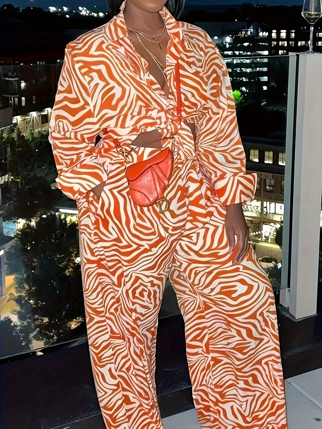 Plus Size Orange Patterned 2-Piece Shirt Set – High-End Casual Blouse & Top