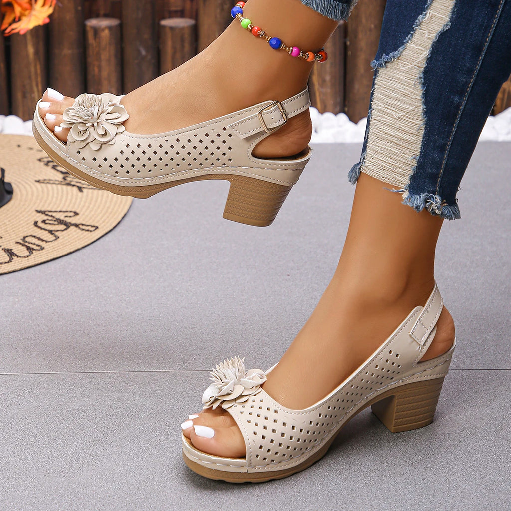 Women's Floral Cutout Mid Block Heel Sandals - Pointed Toe, Buckle Ankle Strap, Comfortable Latex Foam Insole