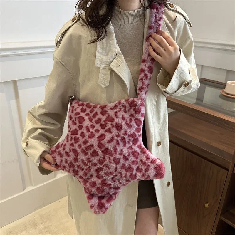 Large Faux Fur Leopard Tote Bag 17in (43cm) – Plush Shoulder & Adjustable Crossbody Bag for Women, Zipper Closure