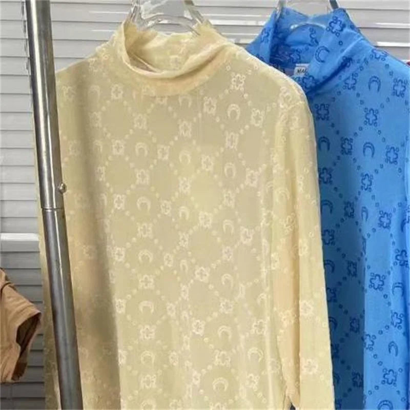 Women's Tulle Mesh Long Sleeve Sheer Blouse Moon Flocked Y2K Top