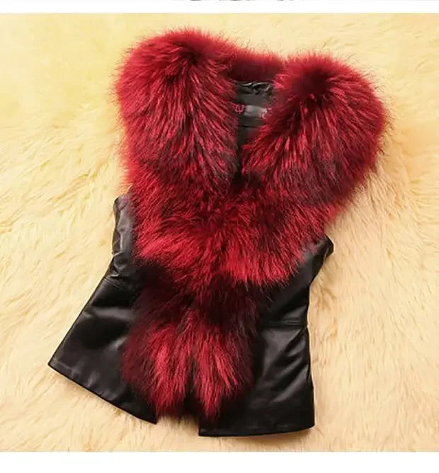 Women's Faux Leather Sleeveless Vest with Faux Raccoon Fur Collar, Oversized Stitch Detail – Autumn Winter Streetwear Coat