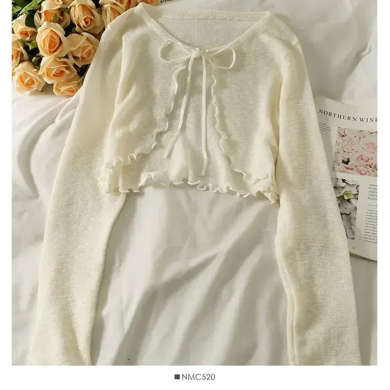 Women's Lace-Up Bow Crop Cardigan - V-Neck Knit Long Sleeve Korean Aesthetic Top