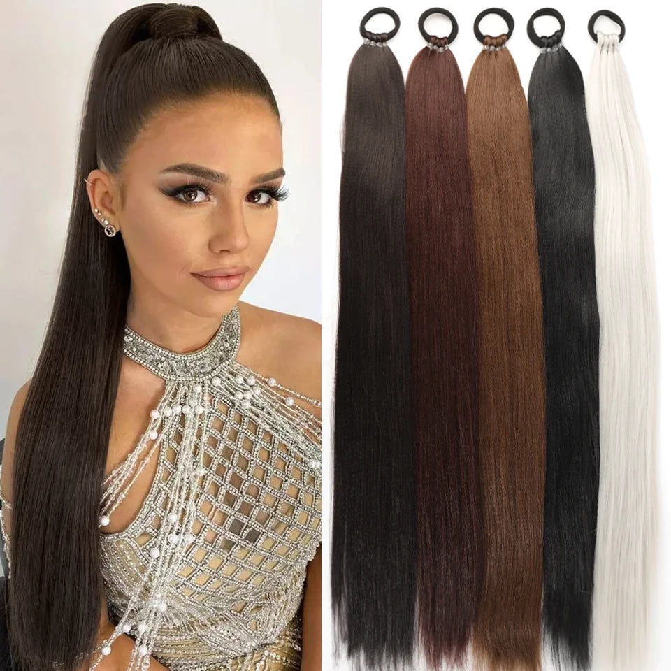 28-Inch (71 cm) Straight Synthetic Ponytail Hair Extension with Elastic Hair Rope