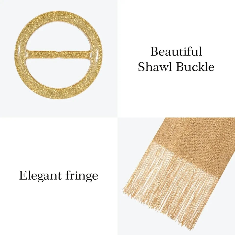 Metallic Scarf with Buckle - Shiny Bridal & Evening Shawl Wrap, Gold or Silver, 75 x 17.7 in (190 × 45 cm)