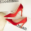Women's Satin Pointed-Toe Stiletto Pumps with Metal Flower Detail — High Heel Wedding Shoes