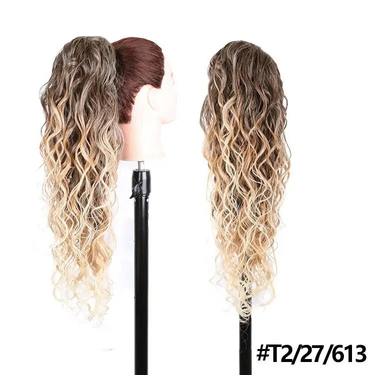 Long Ombre Blonde Synthetic Clip-In Braided Wavy Ponytail Hairpiece — Black to Brown Hair Extension