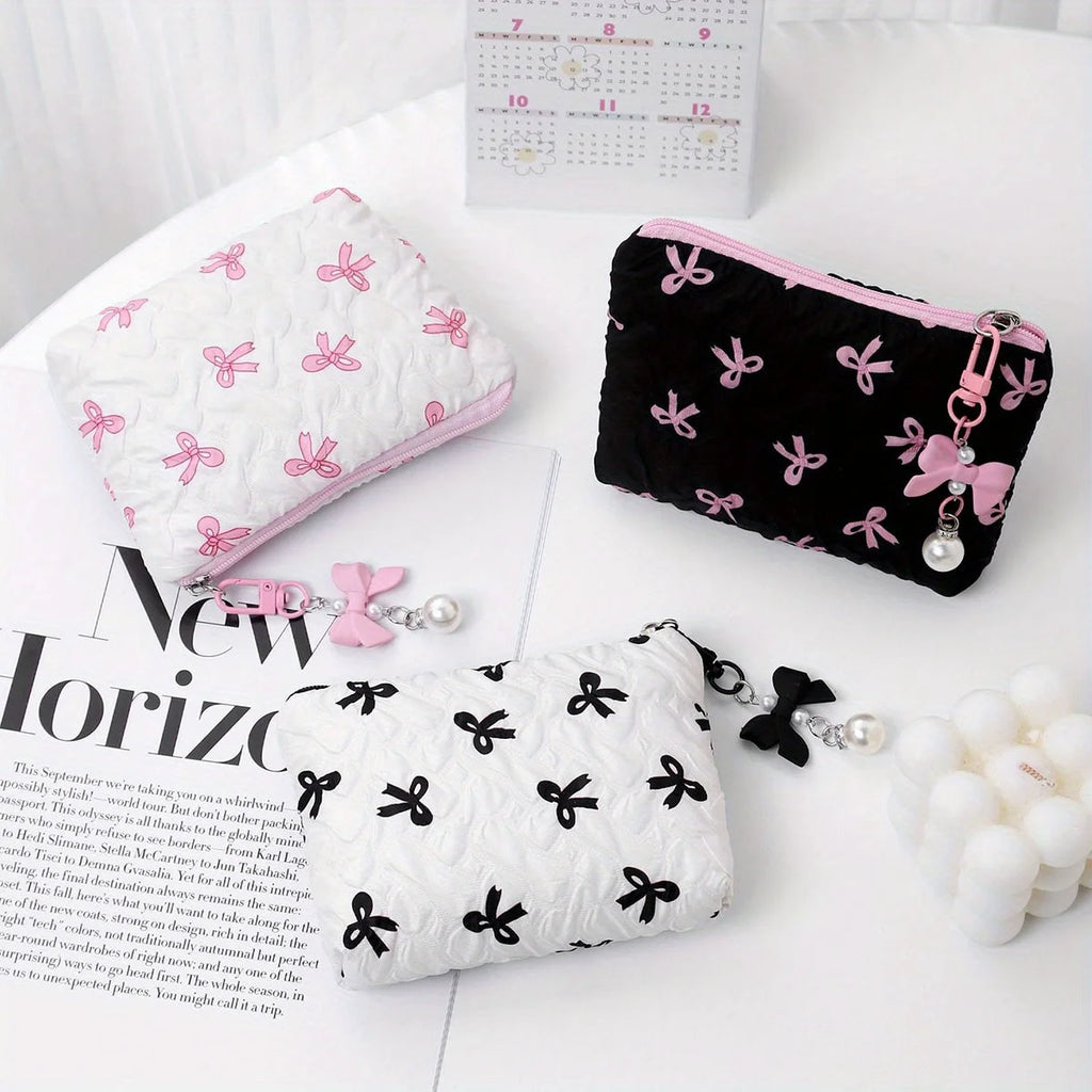 Embroidered Bow Makeup Bag – Cute Large Capacity Cosmetic Pouch & Coin Purse with Zipper