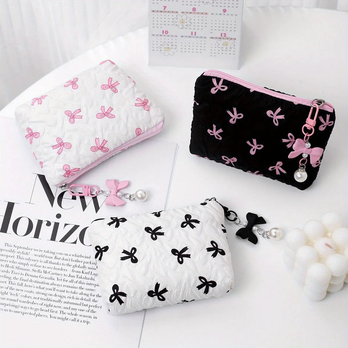 Embroidered Bow Makeup Bag – Cute Large Capacity Cosmetic Pouch & Coin Purse with Zipper