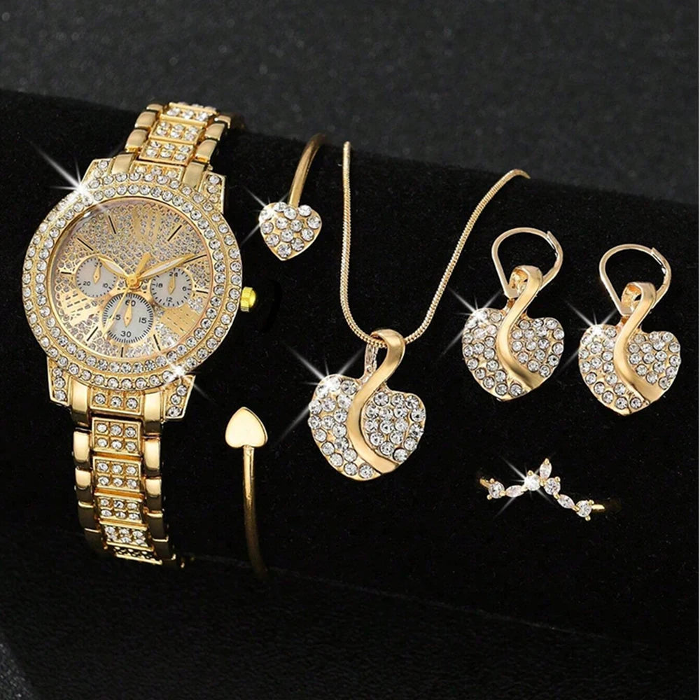 Women's Gold Quartz Watch & Rhinestone Jewelry Set - Ring, Necklace, Earrings