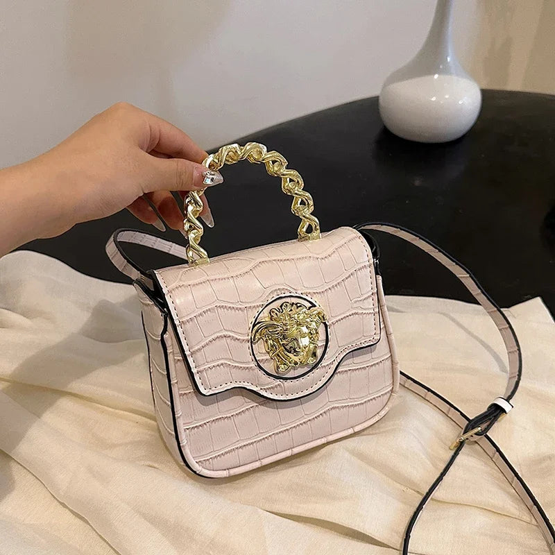 Mini Croc-Embossed Crossbody Bag with Gilded Medusa Logo – Vegan PU Flap, Magnetic Closure, Chain Handle & Adjustable Strap