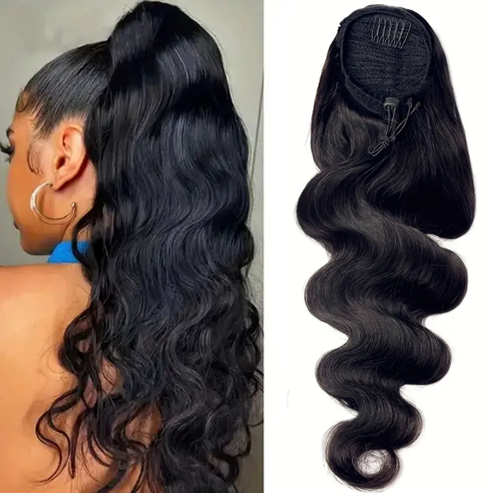 Body Wave Drawstring Ponytail Clip-In 100% Brazilian Remy Human Hair, Natural Color