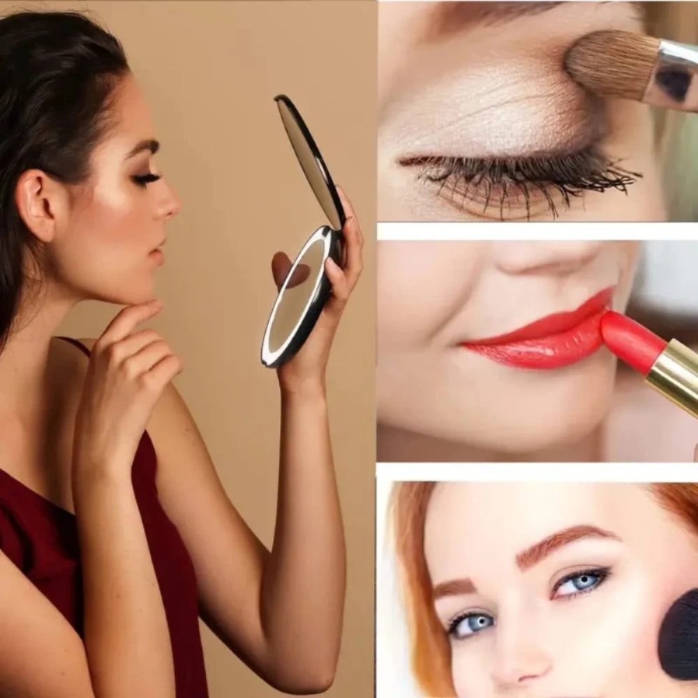 LED Lighted Travel Makeup Mirror – Double-Sided 2x/5x Magnification, Foldable USB Rechargeable Compact Handheld Mirror