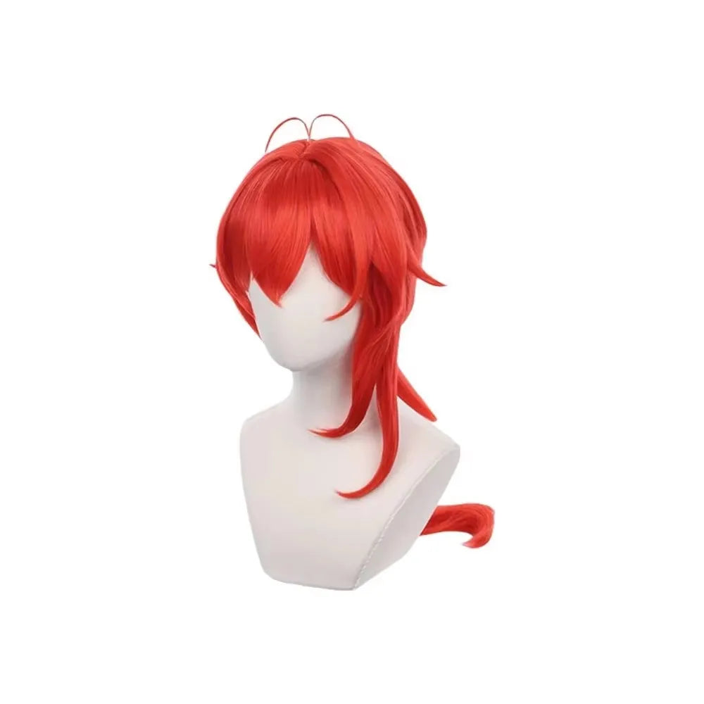 Diluc Anime Cosplay Wig – Long Red Straight Ponytail, Heat-Resistant Synthetic Hair