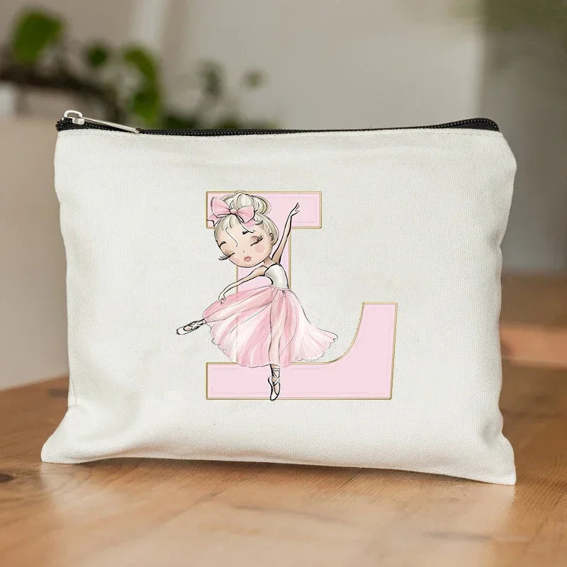 Ballet Girls A-Z Initial Canvas Makeup Pouch – Floral Cosmetic Organizer Clutch (22 x 14 cm / 8.7 x 5.5 in) – Travel & Bridesmaid Gift