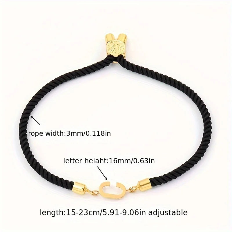 Black Letter Bead Rope Bracelet for Women – Simple Classic Hand-Knot Rope Jewelry with Stainless Steel Accent