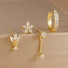 4-Piece 8mm Gold-Tone Stainless Steel Huggie Hoop Earrings Set with Cubic Zirconia Flower Studs