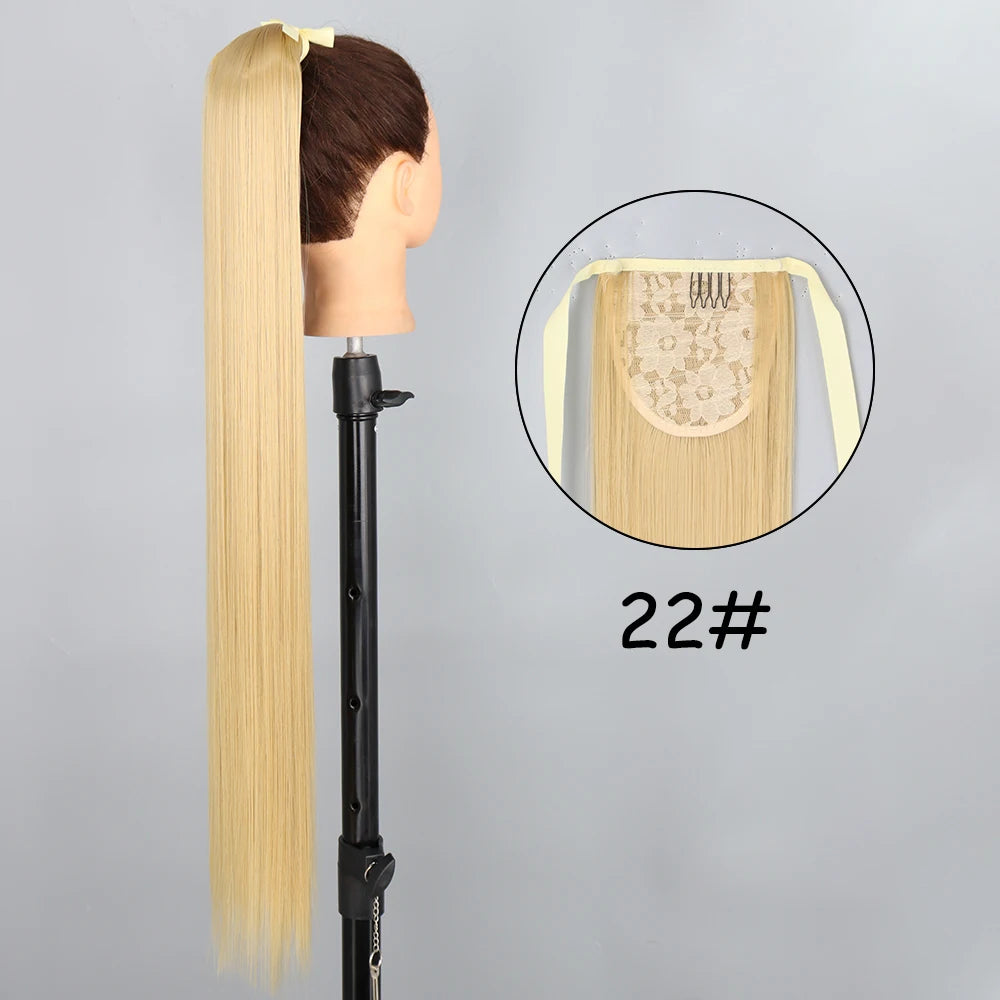 34-Inch (86 cm) Clip-In Synthetic Ponytail Hair Extension — Blonde Wrap-Around Long Straight Hairpiece