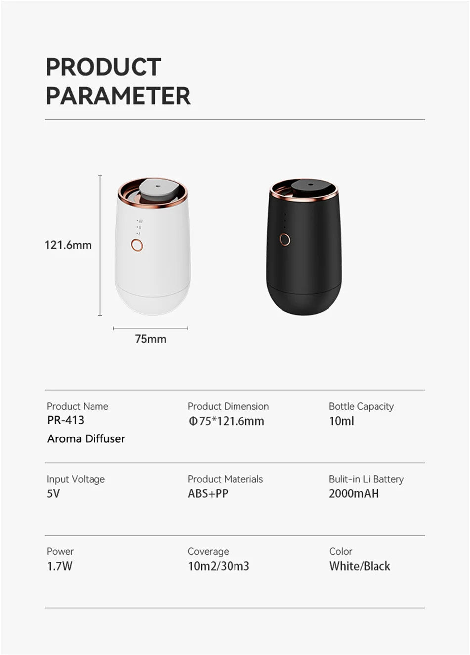 Car Aroma Diffuser USB Rechargeable Essential Oil Air Freshener with Start-Off Function and 9-Color LED Lights