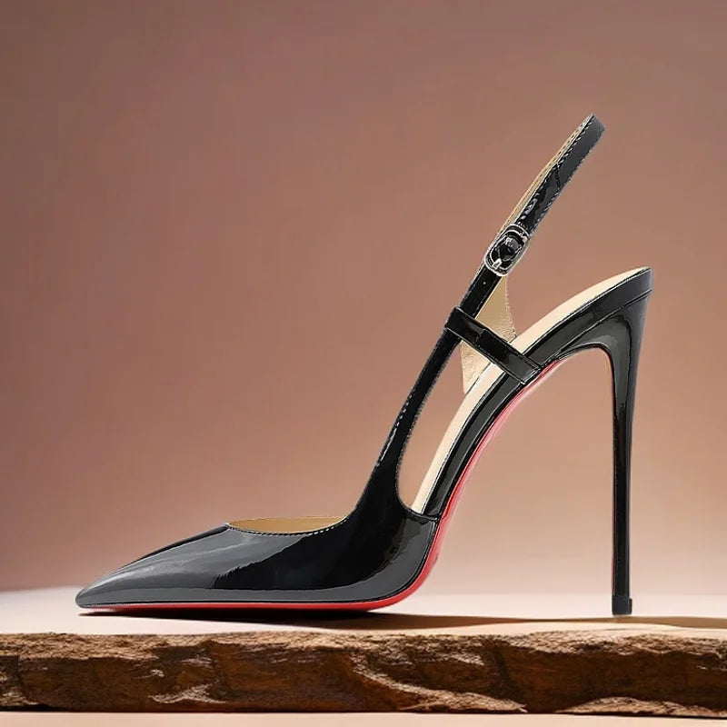 Black & White Patent Cutout Rear-Strap Stiletto Heels — Plus Size