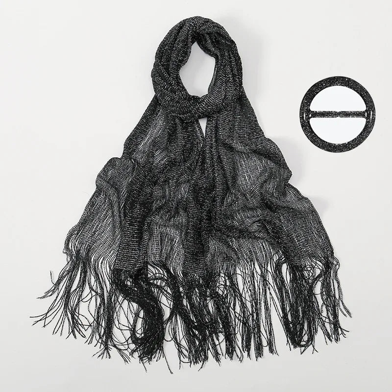 Metallic Scarf with Buckle - Shiny Bridal & Evening Shawl Wrap, Gold or Silver, 75 x 17.7 in (190 × 45 cm)