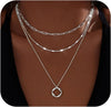 Layered 14K Gold-Plated and Silver-Plated Necklace Set for Women, Stackable Paperclip Chain, Circle Pendant Choker