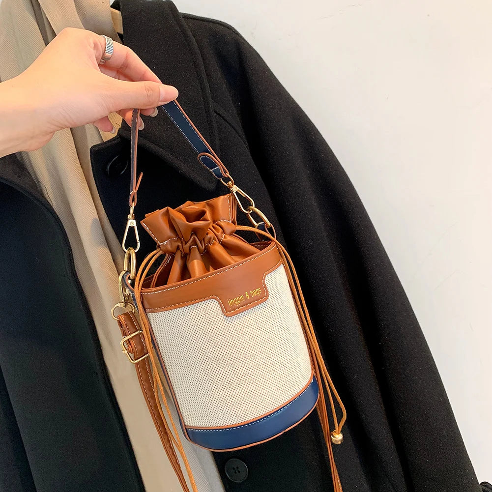 Vintage Patchwork Cylinder Drawstring Bucket Bag - PU Leather Mini Crossbody Shoulder Bag for Women