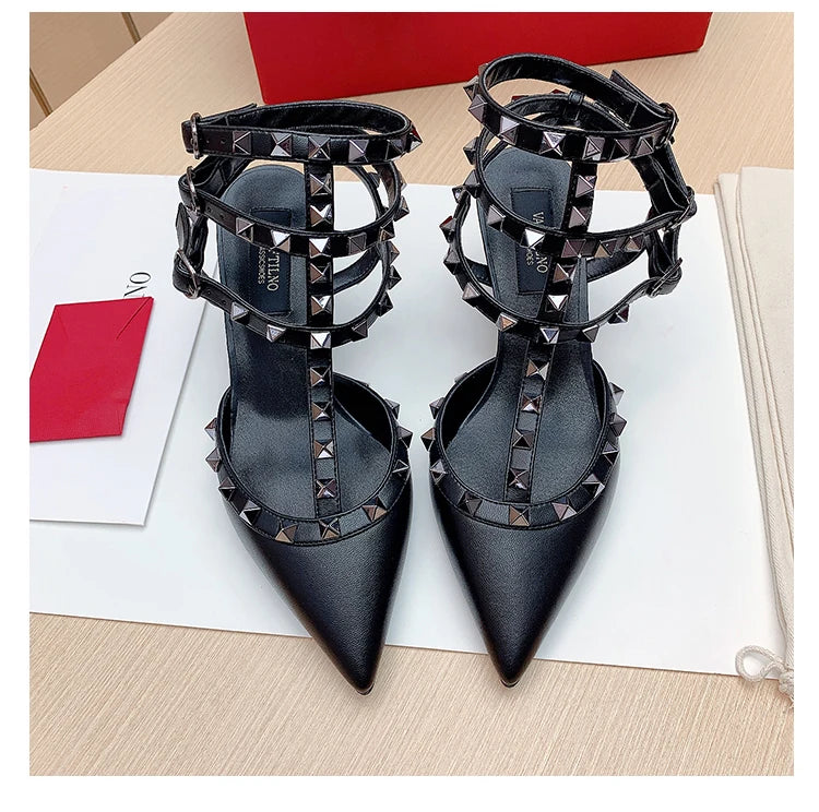 Women's Gladiator High-Heel Sandals - Black Patent Leather 3-Strap Ankle Strap Rivet Designer Heels