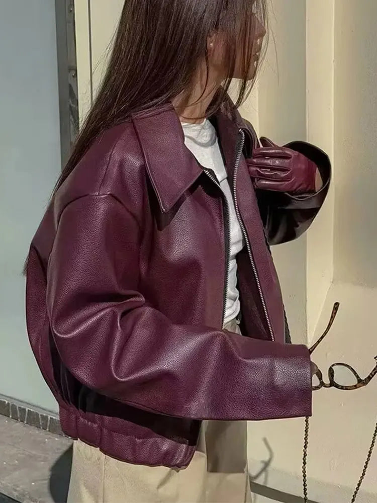 HH Wine Red Faux Leather Jacket for Women – PU Lapel Zipper Coat, Vintage Streetwear Autumn/Winter