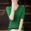 Women's V-Neck Short Sleeve Knit Top - Slim Casual Korean Pullover for Spring/Summer (Poly Cotton)