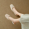 French Square-Toe Woven Mid-Heel Sandals for Women - PU Leather Square Block Heel 3-5 cm (1.2-2.0 in)