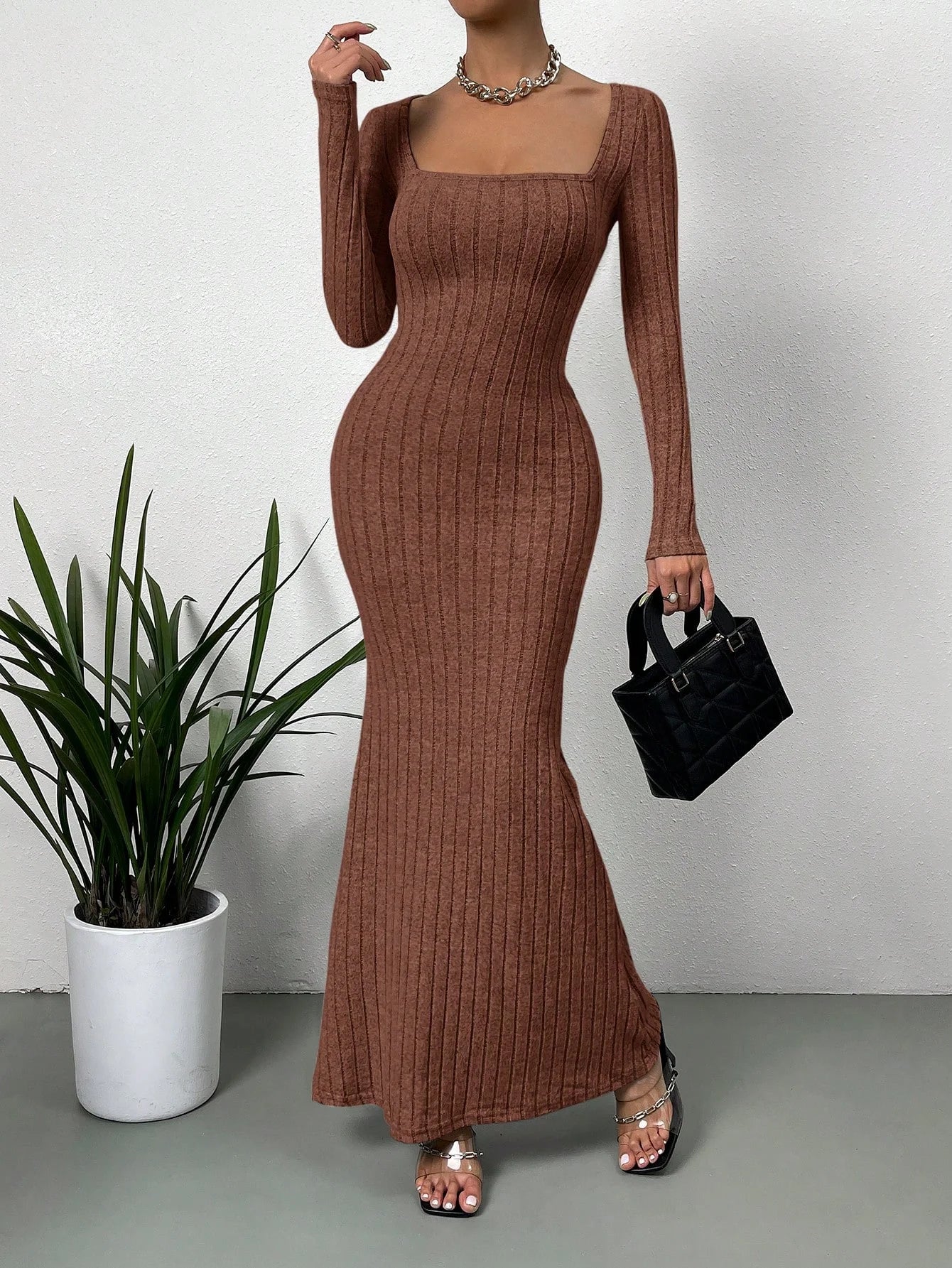 Women's Square Neck Mid-Length Knit Dress Slim Fit Long Sleeve Wrap Retro Fall Casual